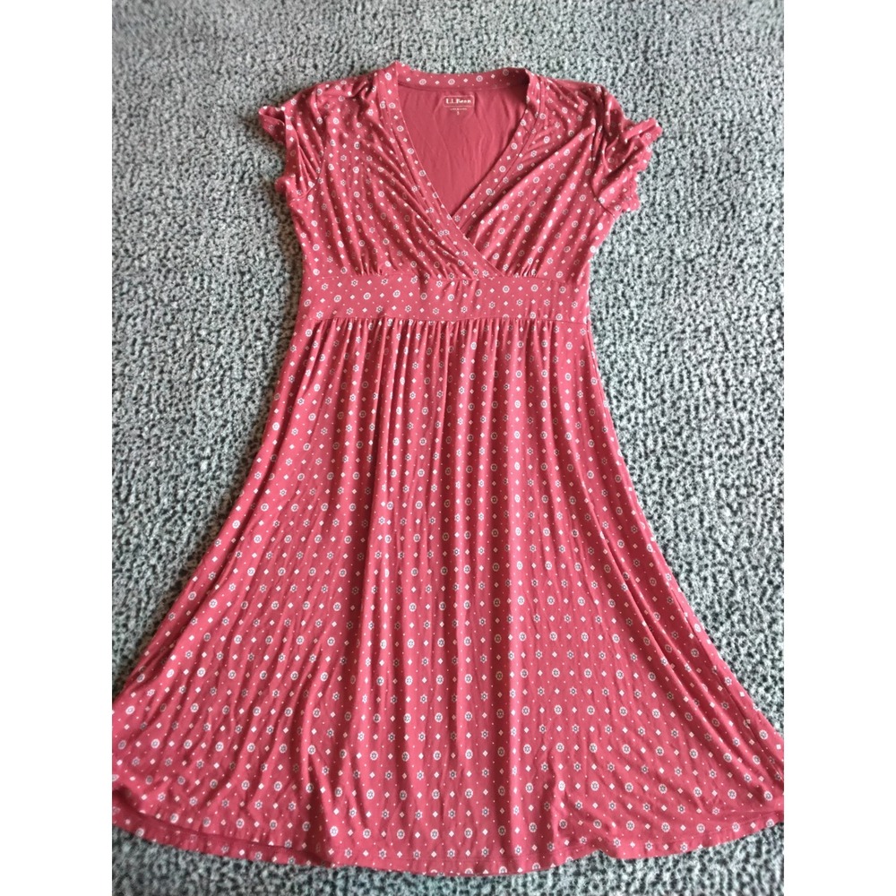 LL Bean Womens Coral Red Medallion Print Knit Surplice V-Neck Empire Dress S